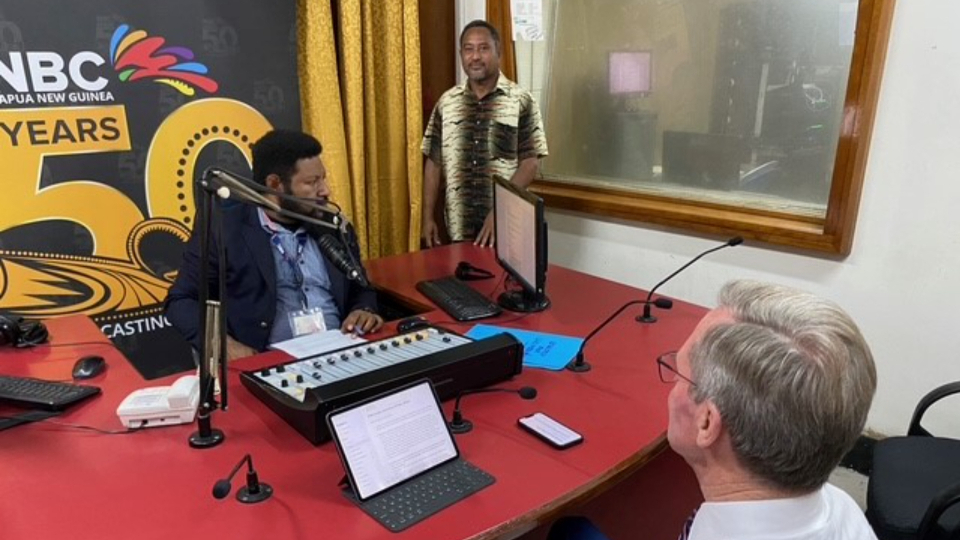 Elder-Peter-F.-Meurs-is-interviewed-on-NBC-Radio,-Papua-New-Guinea,-on-29-November-2024.