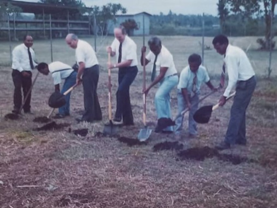 Elder Russell M. Nelson and others break ground for Popendetta Meetinghouse 1991